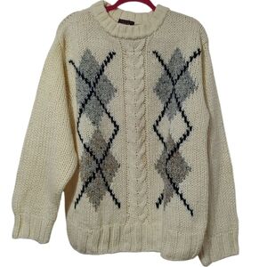 Classic Cream Argyle Knit Sweater Size L